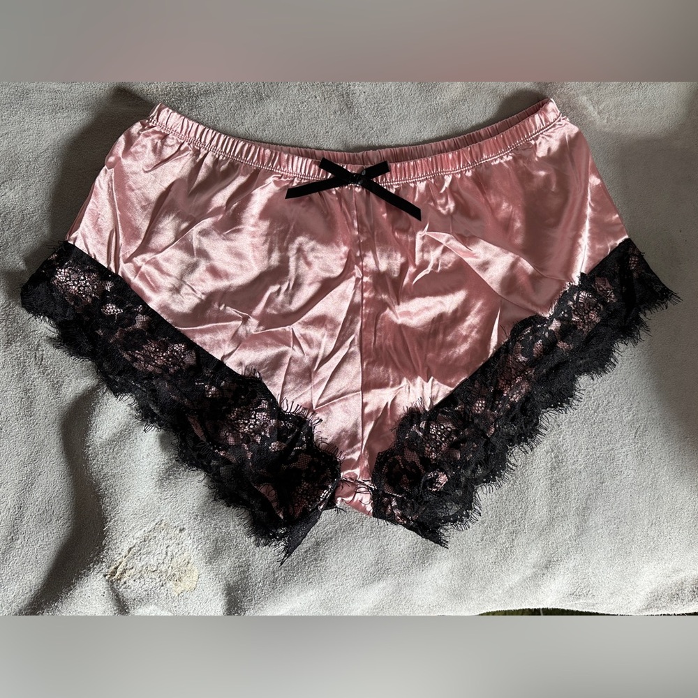 Pink Satin Under Shorts with Black Lace Trim, L